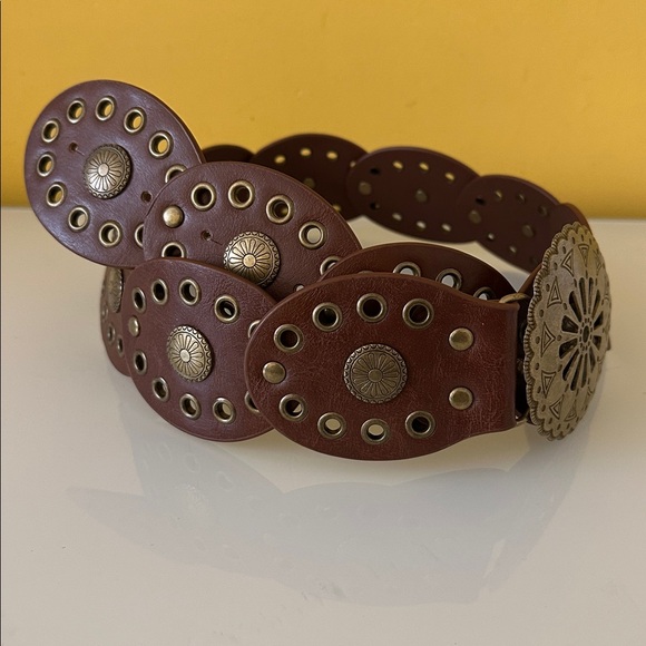 Brown Leather Bohemian Western Belt with Bronze Buckle and Medallions Accents - Picture 6 of 11
